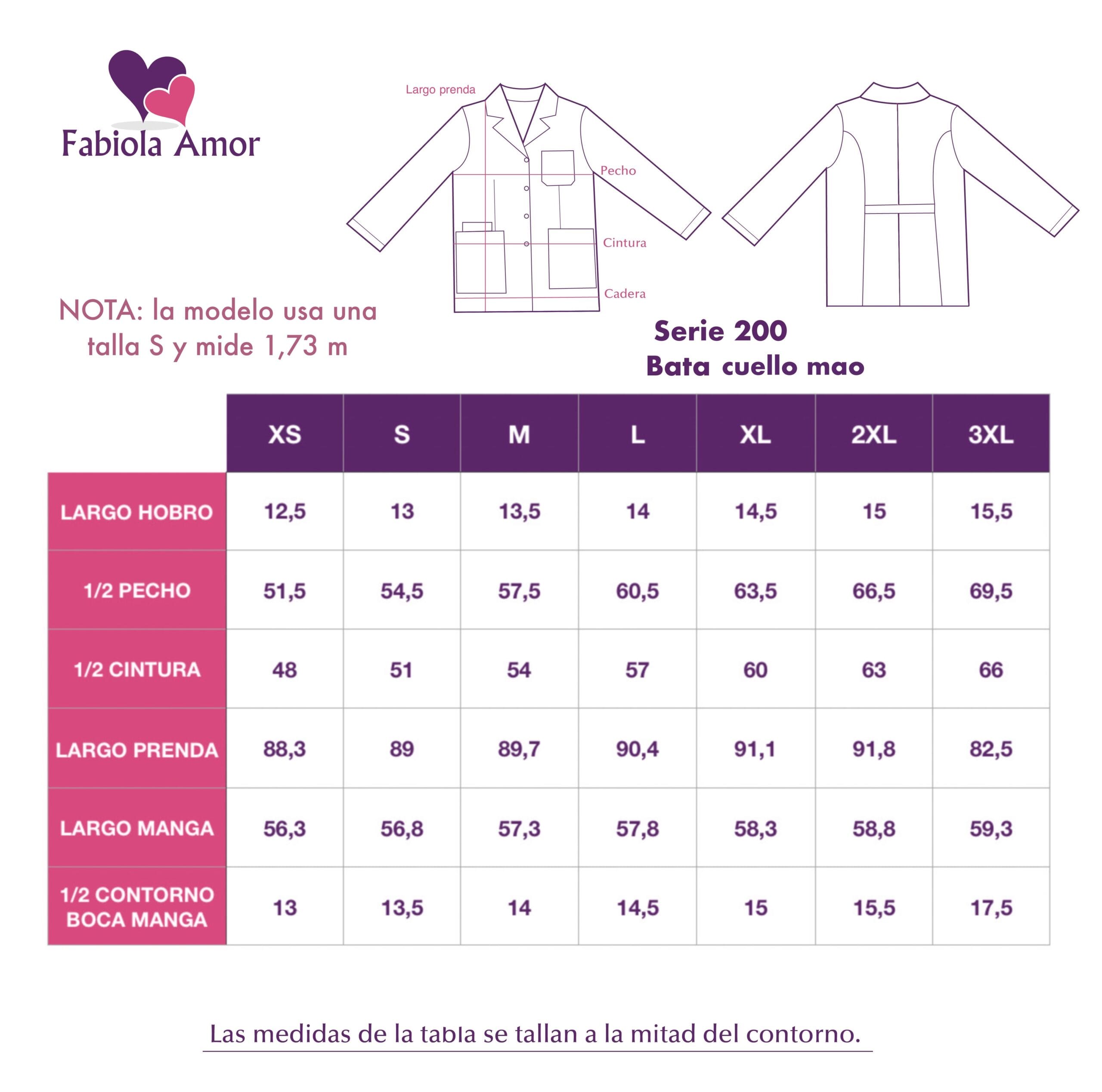 TABLA DE TALLAS modelo 200_af-100 Medidas tallas batas mujer con cuello mao